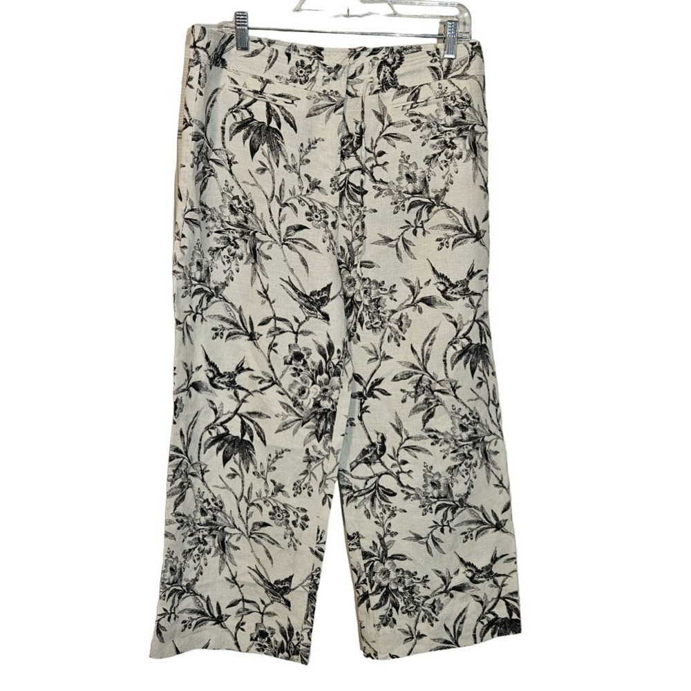 100% Linen cream bird floral pants size 8 NWOT